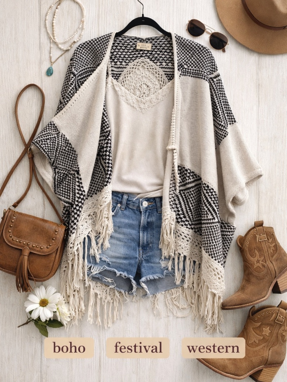 Hollister Boho Macrame Fringe Poncho/Cardigan One Size-Cream Black Festival Fit